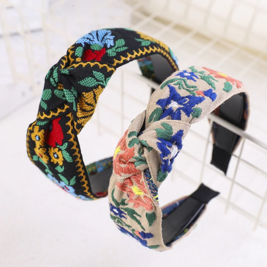 

Levao Female Ethnic Hairband Embroidery Flower/Leaf Headband Head Bezel For Women Cross Knotted Hair Hoop Headbands Headwear