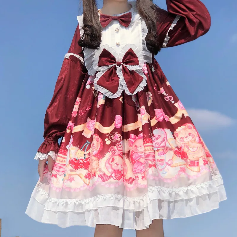 

4 Colors Bear Party Sweet Women's Lolita OP Dress Long Sleeve Lace Bows Trim One Piece Original Design