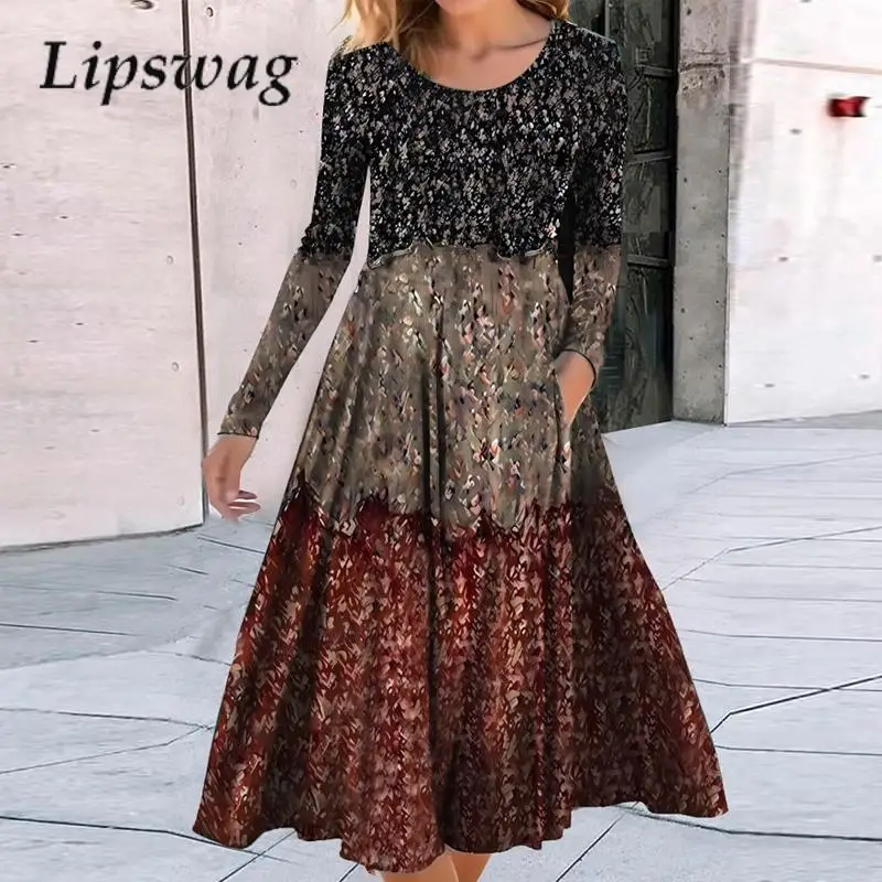 

Женское платье с длинным рукавом, винтажным принтом и круглым вырезом