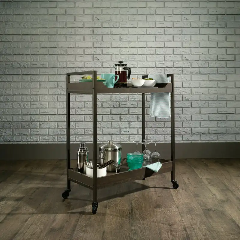 

Curiod Rolling 2-Shelf Metal Framed Wood Kitchen Bar Cart, Smoked Oak