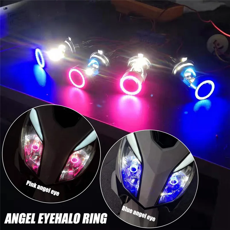 Фото 12 В-80 В синий/розовый Angel Eye H4 светодиодная фара для мотоцикла Ba20d HS1 H6 скутер мотоцикл фара лампочка DRL аксессуары №1