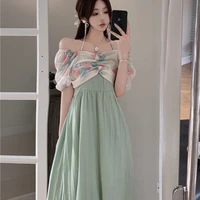womens new summer style high end temperament straight neck bubble sleeve splicing fashion medium and long suspender dress