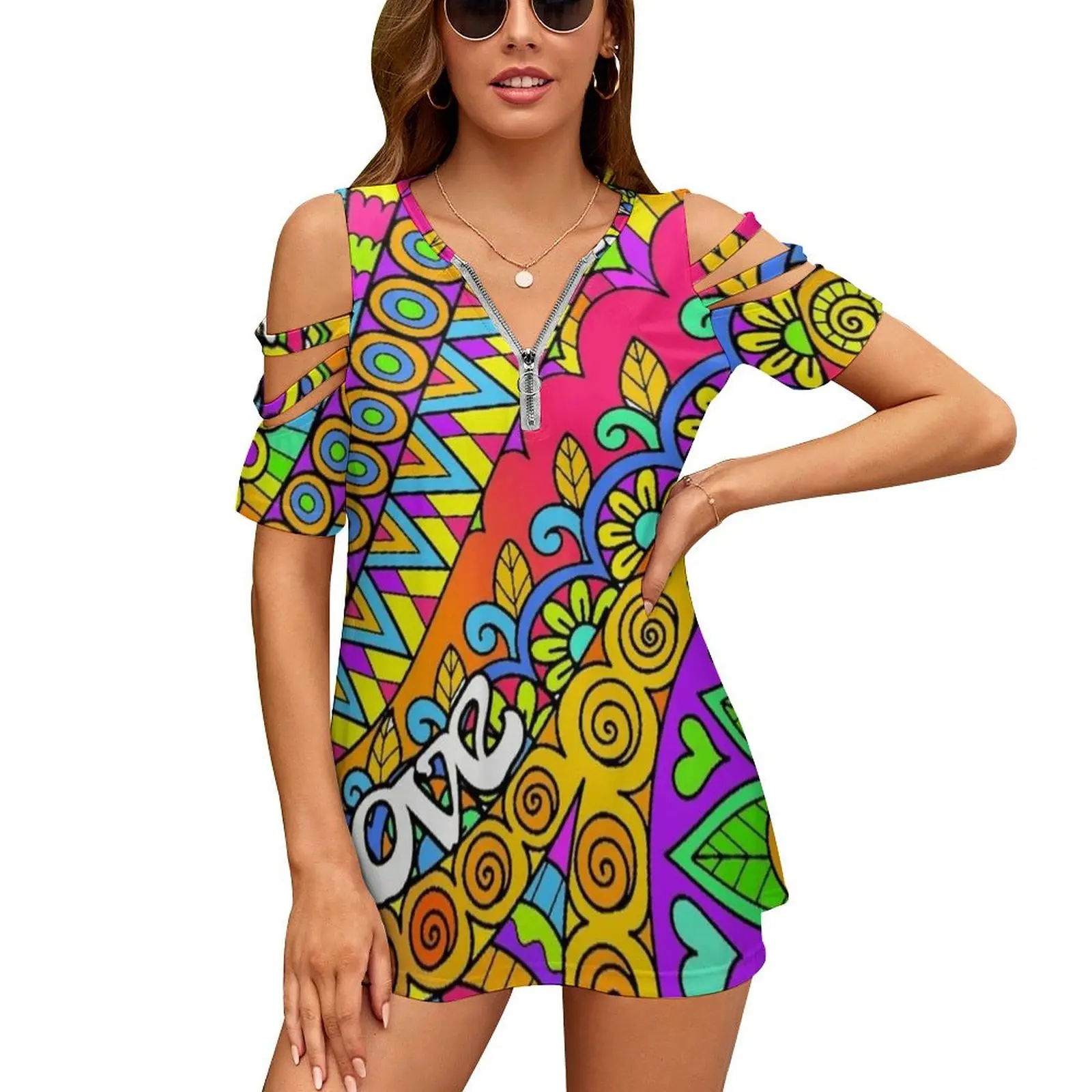 

Psychedelic Trippy Colorful Hippy Art Women Zipper Sexy Printed Vintage T Shirts Tops Full Print T-Shirt Hippie Flower Power