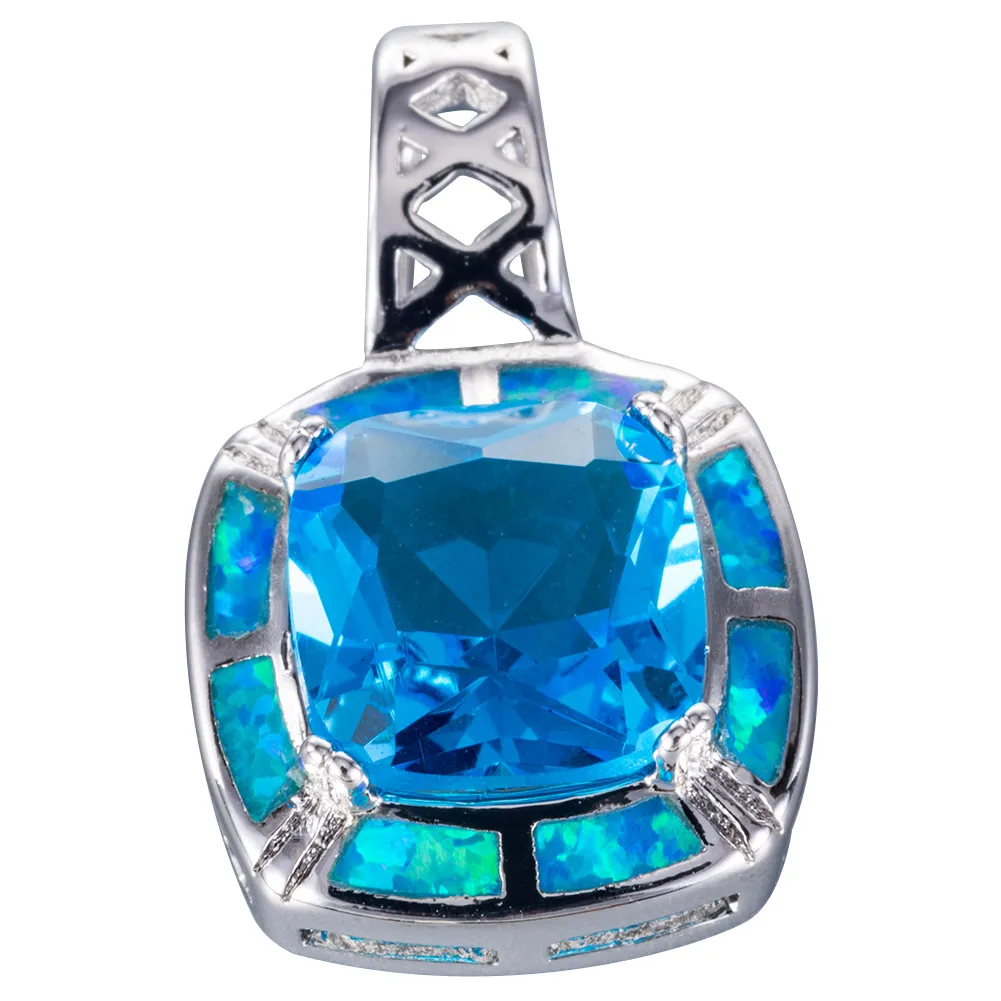 

KONGMOON 8x8mm Princess Cut Blue Topaz Ocean Blue Fire Opal Silver Plated Jewelry for Women Pendant for Necklace