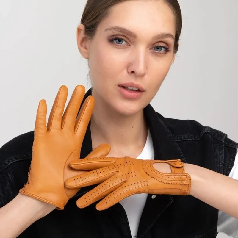 

Элегантные модные кожаные перчатки для женщин, электрические велосипедные перчатки из натуральной овчины, перфорированные дышащие мото аксессуары