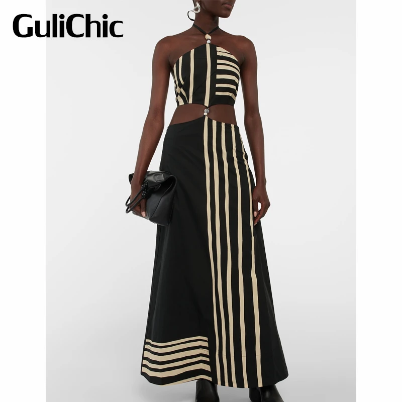 7.7 GuliChic Women Sexy Temperament Elegant Striped Print Halterneck Backless Hollow Out A-Line Long Dress