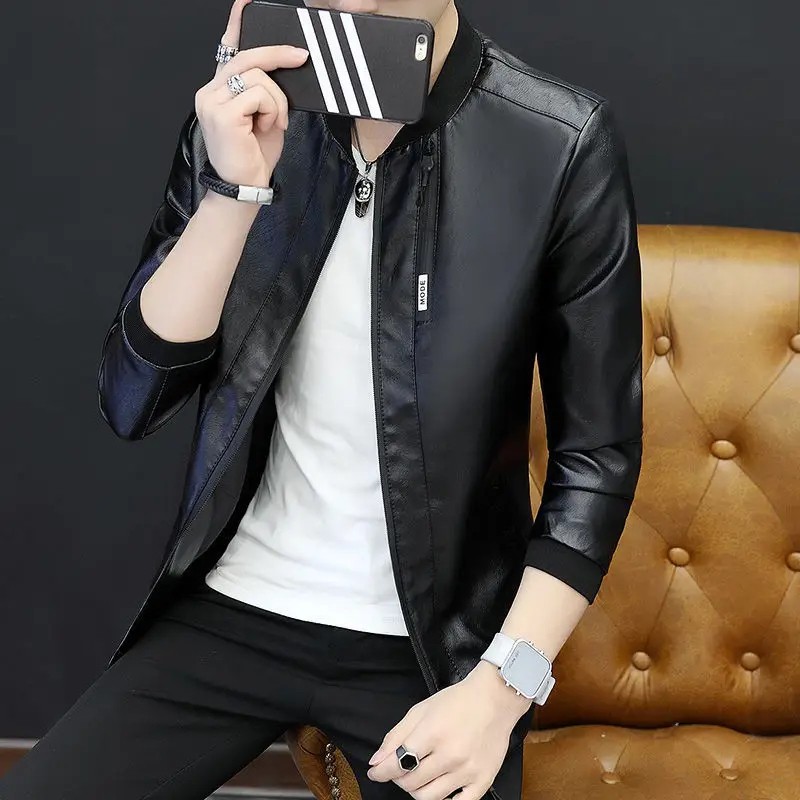 

2022 autumn and winter new leather casual jacket baseball collar leather jacket Korean men's jacket thin men's clothing