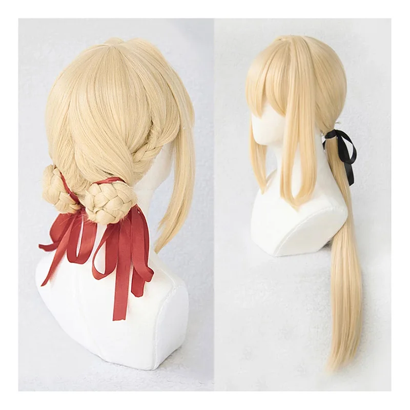 

Violet Evergarden Cosplay Wig Heat Resistant Synthetic Light Blonde Hair Cosplay Wigs + Ribbon + Wig Cap