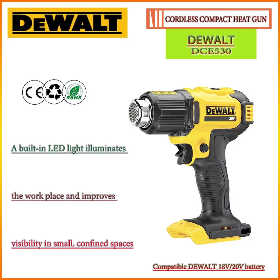 100% original DEWALT DCE530 18V/20V Cordless Heat Gun Heat Shrink Wrapping Lithium Battery Tools 20V Air Gun Tool Only