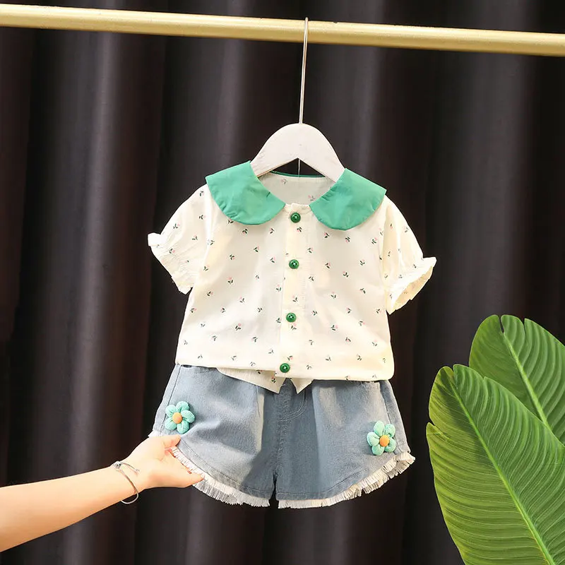 

Летний комплект одежды для девочек, детский хлопковый комплект из 2 предметов, детский джинсовый комплект с принтом, одежда с короткими рукавами для маленьких девочек, костюмы