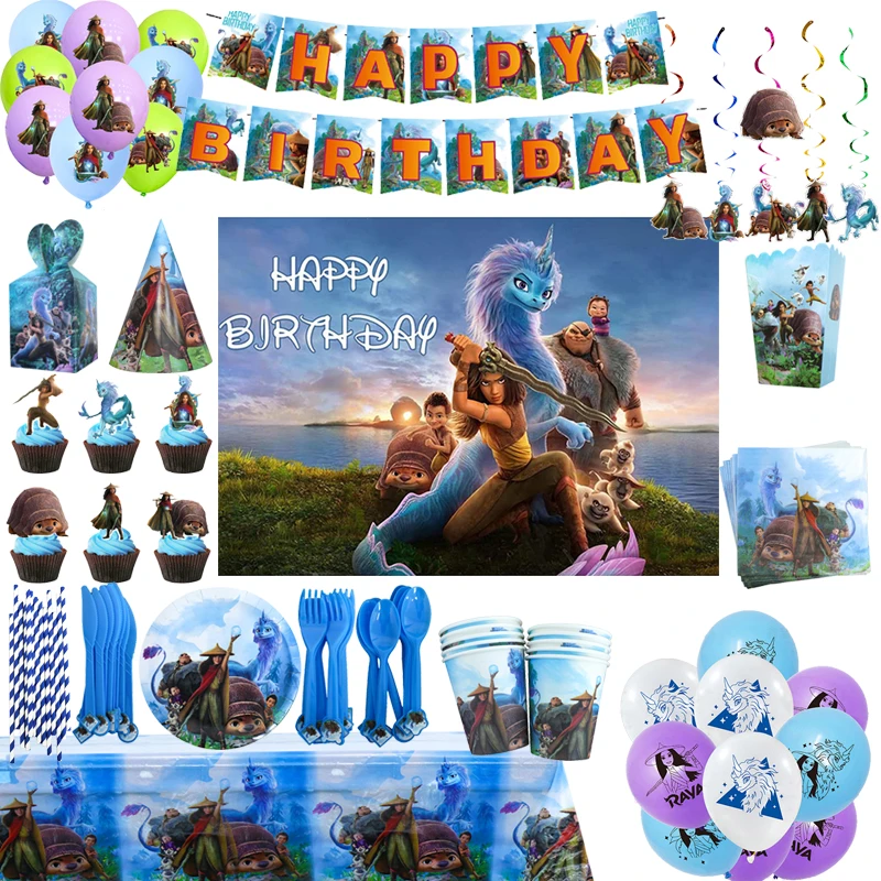 

Cartoon Disney Raya And The Last Dragon Birthday Party Decorations Disposable Cutlery Balloon Cup Sling Baby Shower Kid Boy Gift