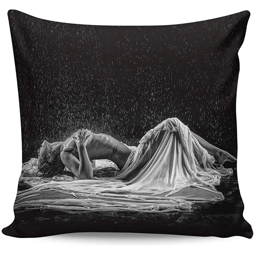 

Sexy Lady Canvas Throw Pillow Covers Square 20'' x 20'', Black White Portrait Nude Naked Girl in Rain, Zippered Pillow Shams