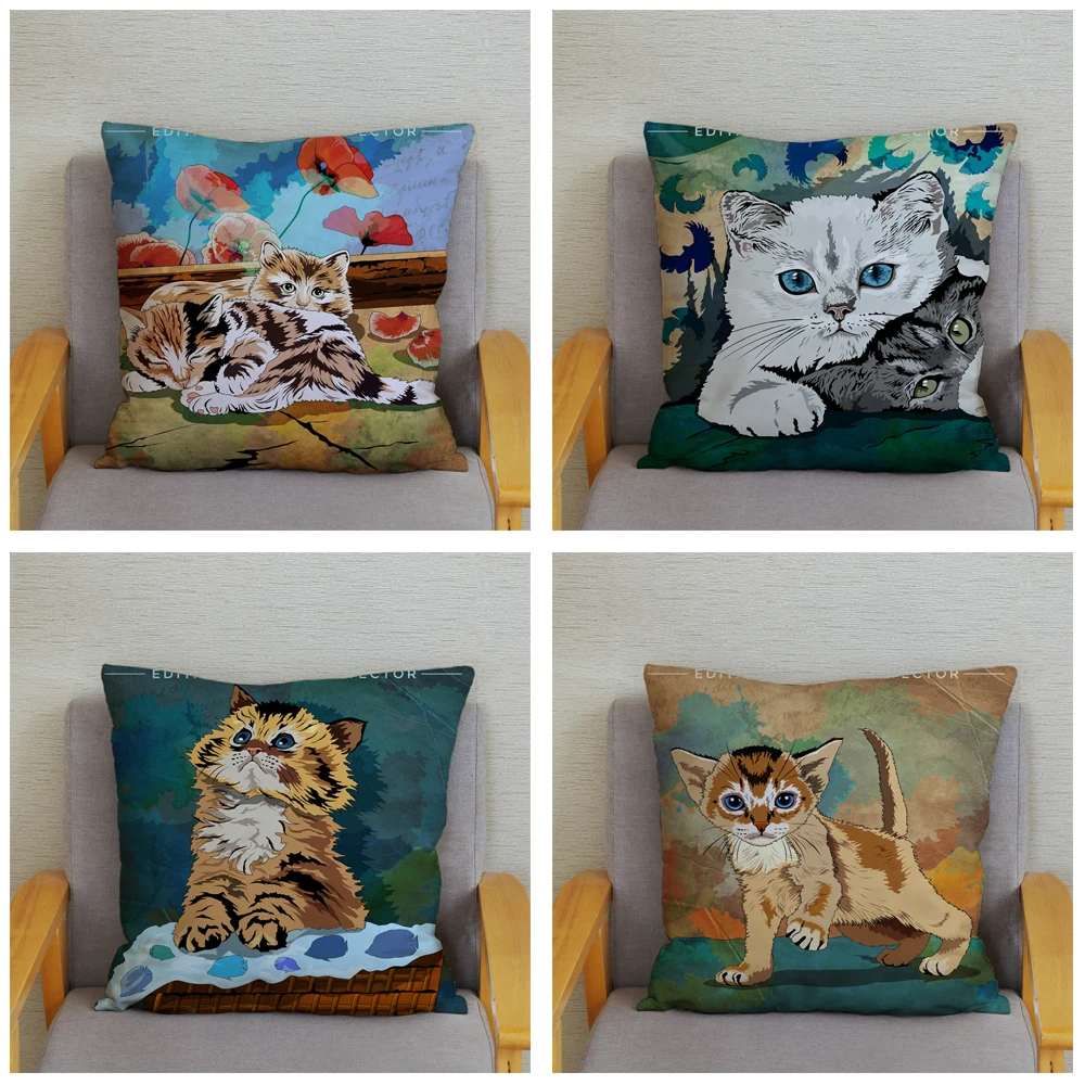 Красочная декоративная наволочка с милым мультяшным котом 45*45 см