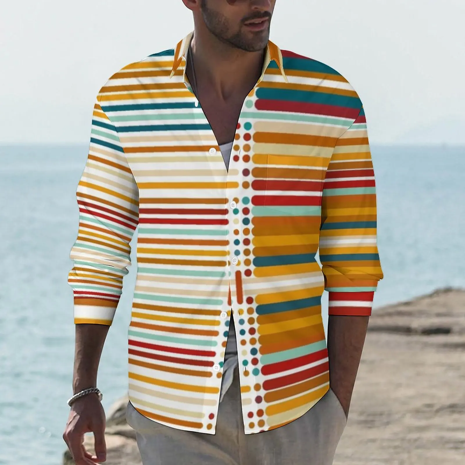 

Рубашка в горошек и в полоску, повседневные рубашки с разноцветным принтом, женская блузка с длинным рукавом, Весенняя новинка, Одежда большого размера