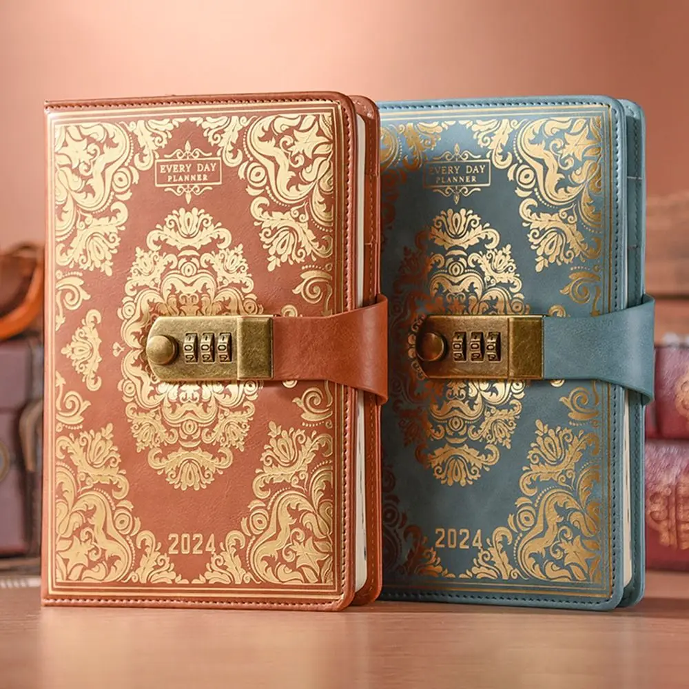 

A5 2024 Combination Lock Journal Password Locking Ruled Lined Paper Agenda Notebook Floral Embossed Vintage