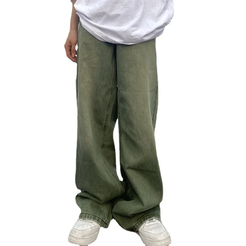 Men Green Jeans Baggy Distressed Vintage Denim Trousers Male Wide Leg Pants Men Streetwear Retro Oversize Casual Hip Hop