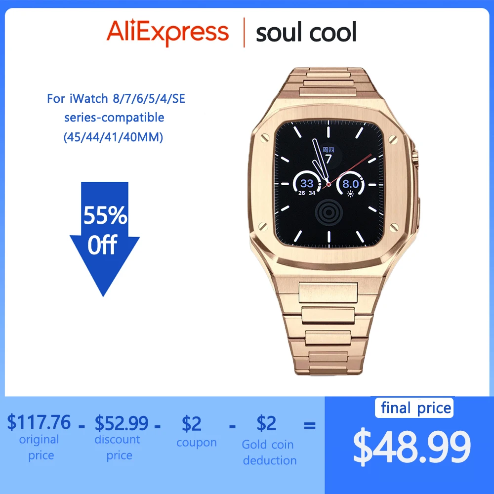 For Apple Watch 8 Series Stainless Steel Metal Case Strap Accessories  44MM 45MM Compatible Men's Watch Strap SE/4/5/6/7 Series