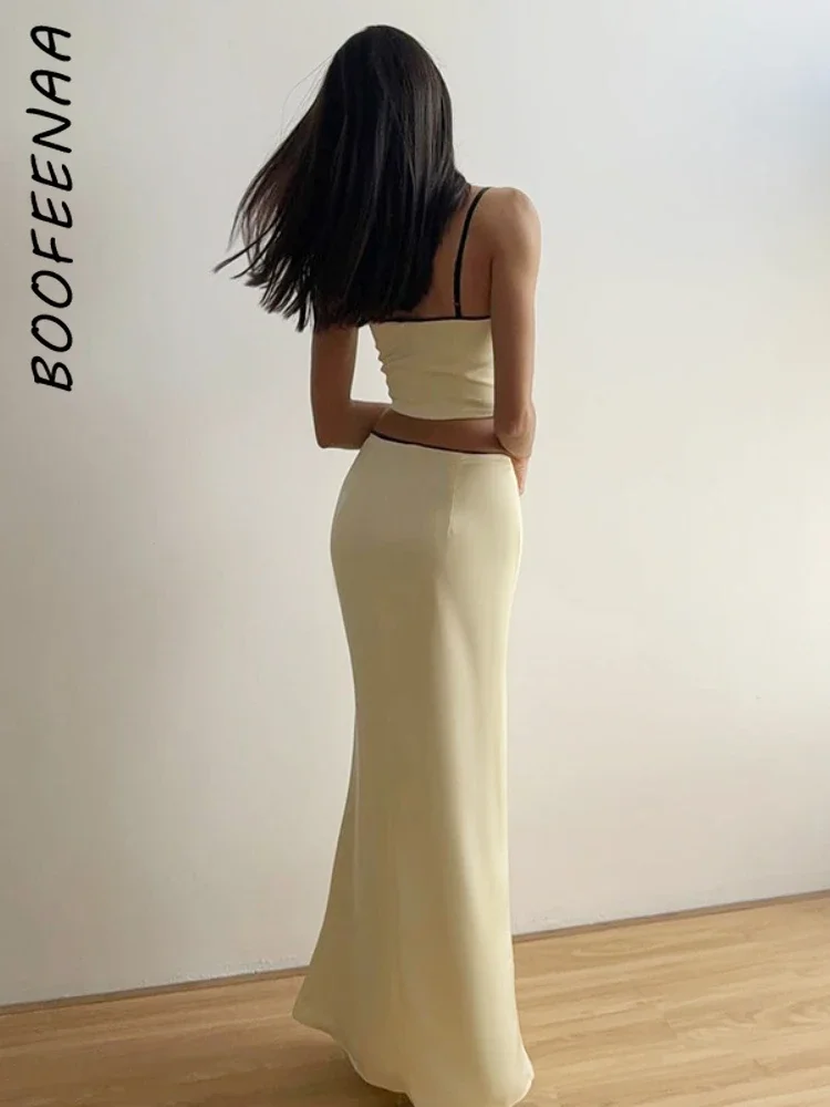 BOOFEENAA атласный комплект из двух предметов короткий топ и юбка макси сексуальные