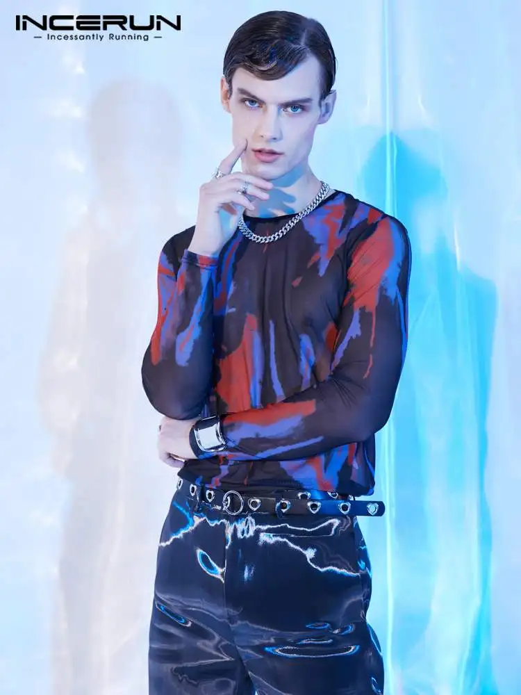 

Футболка INCERUN мужская с принтом, сетчатая Просвечивающая уличная одежда с круглым вырезом и длинным рукавом, модная пикантная Повседневная ...