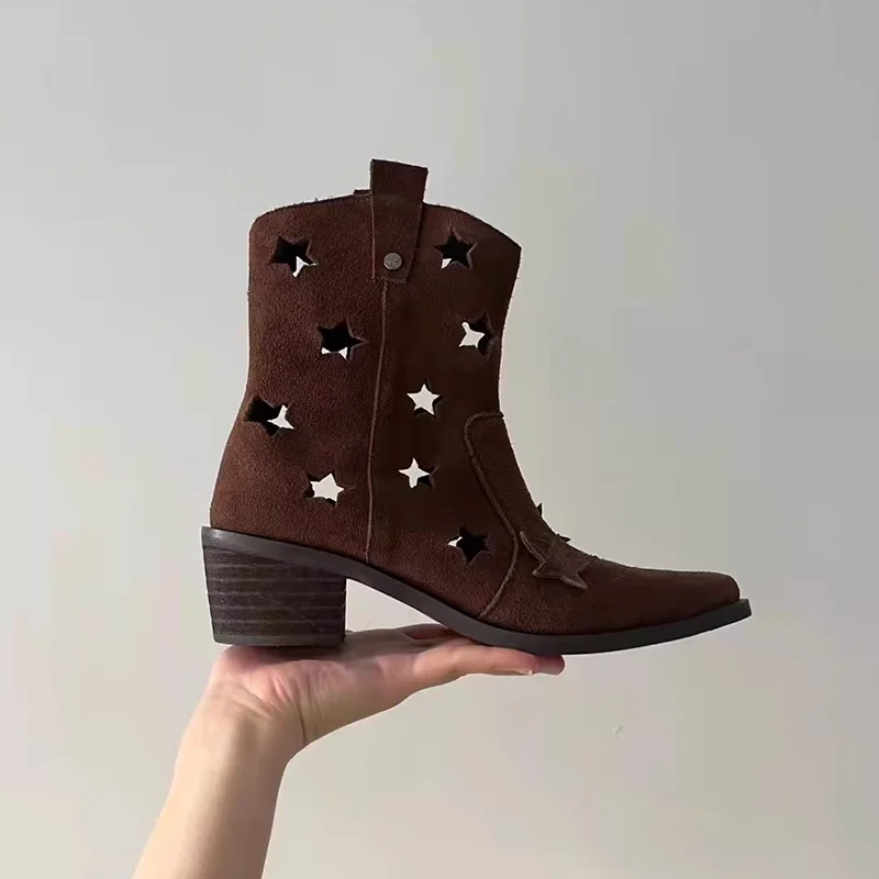 

Star-Embroidered Pointed Toe Ankle Boots Retro Western Cowboy Boots Hollowed Out Chunky Heels Party Shoes Outdoor Vacation Shoes