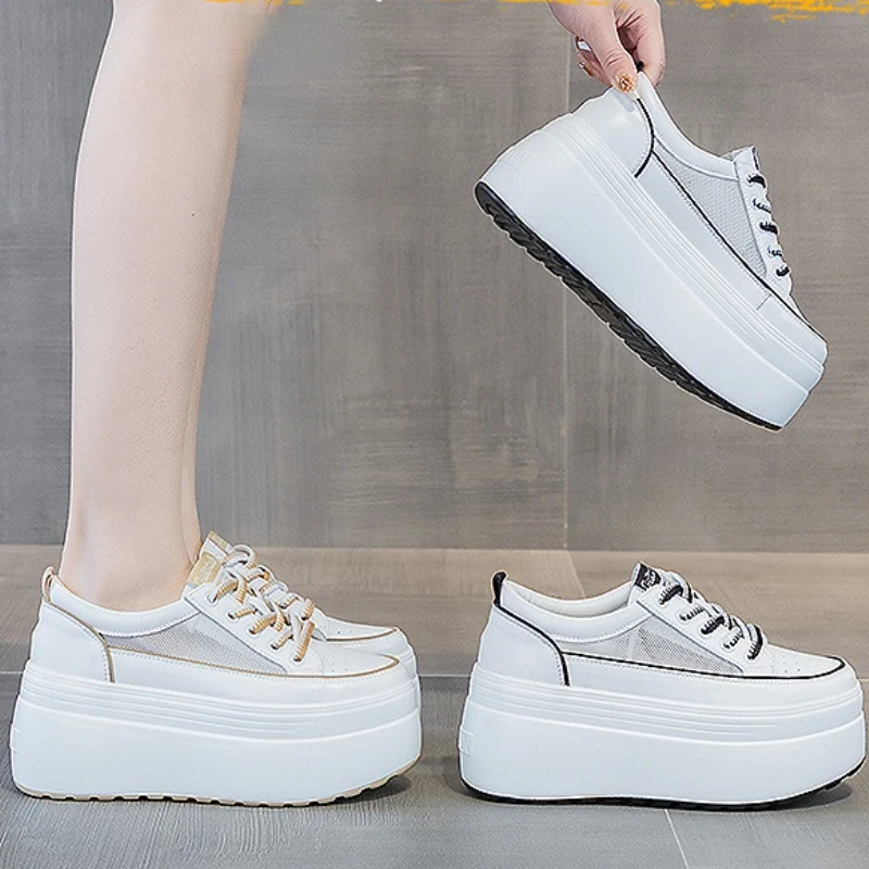 8cm Hollow Air Mesh Genuine Leather 2023 New Fashion Wedge Platform Breathable Concise Vulcanized Summer Ladies Chunky Sneakers