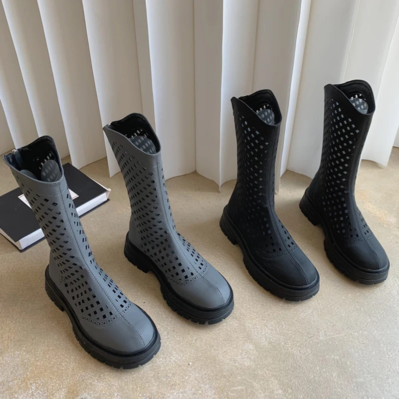 

Женские сетчатые сапоги в западном стиле, уличные Женские повседневные сапоги с круглым носком, полусапоги Челси с вырезами на молнии, 2022