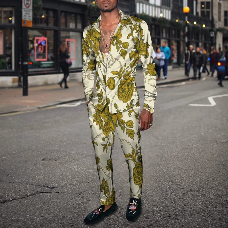 Spring Autumn Men Party Dress Shirt + Pants Fashion Flowers 3D Element Harajuku Cardigan Slacks S-4XL Oversized Men‘s Clothes