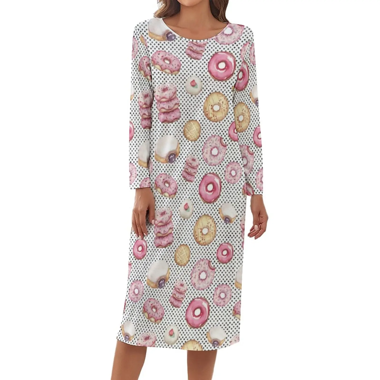 

Watercolor Doughnut Pajamas Cute Polka Dot Print Night Dresses Women Long Sleeve Romantic Nightgown Autumn Printed Homewear