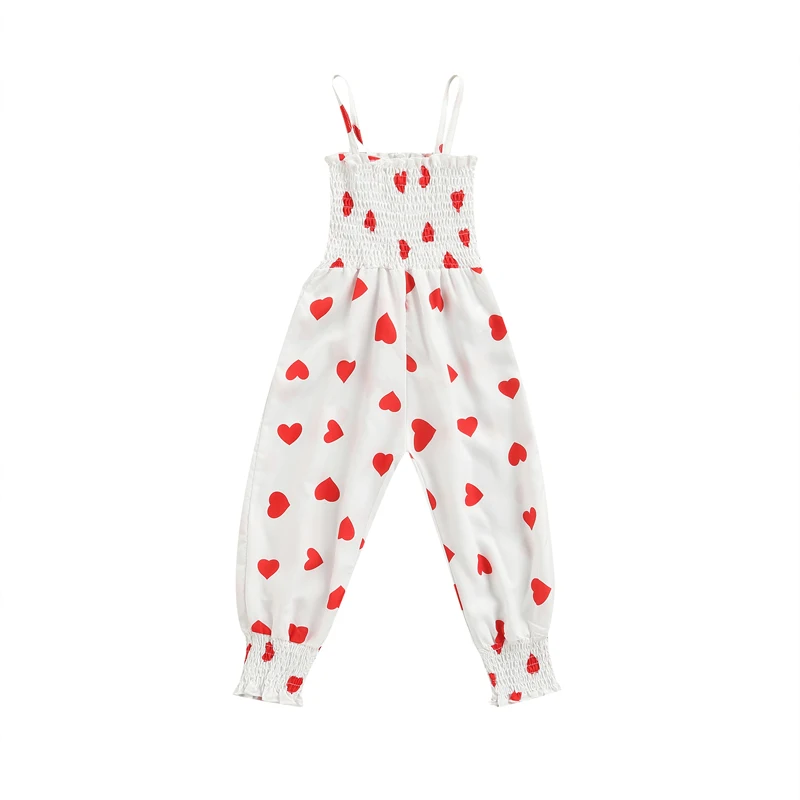 

2022 Little Girls Suspender Jumpsuit Fashion Heart Printing Elastic Boat Neck Ruffles Long Romper Summer Kids Sleeveless Clothes