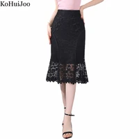kohuijoo fashion hollow out lace skirt women plus size black beige high waist slim pencil skirt medium long elegant skirts