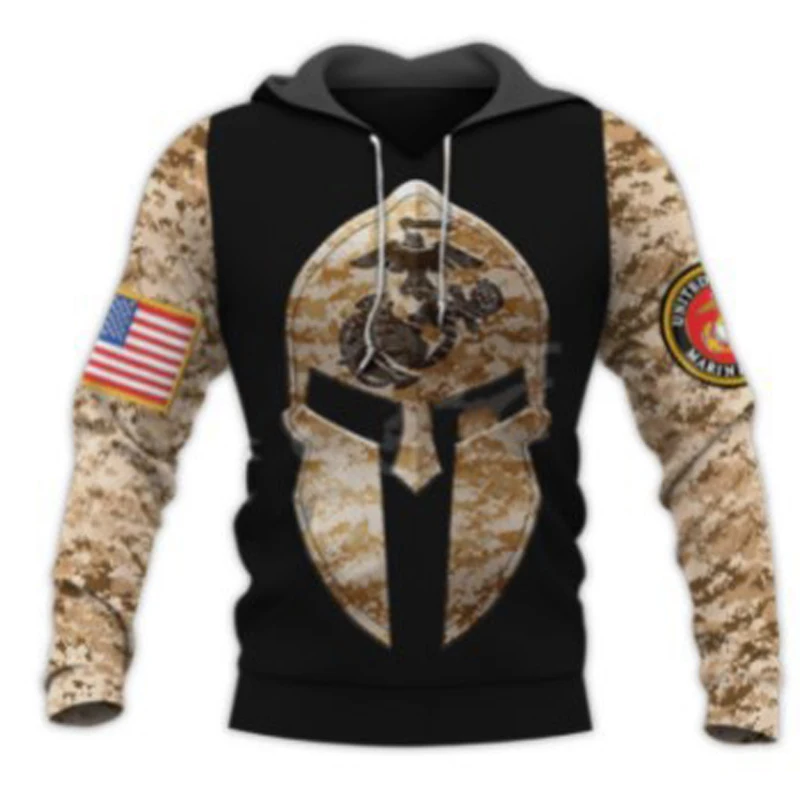 

US Marine Corps Emblem Spartan Helmet Camo Military Style Pullover Hoodie New Comfortable Casual Mens Fashion Streetwear