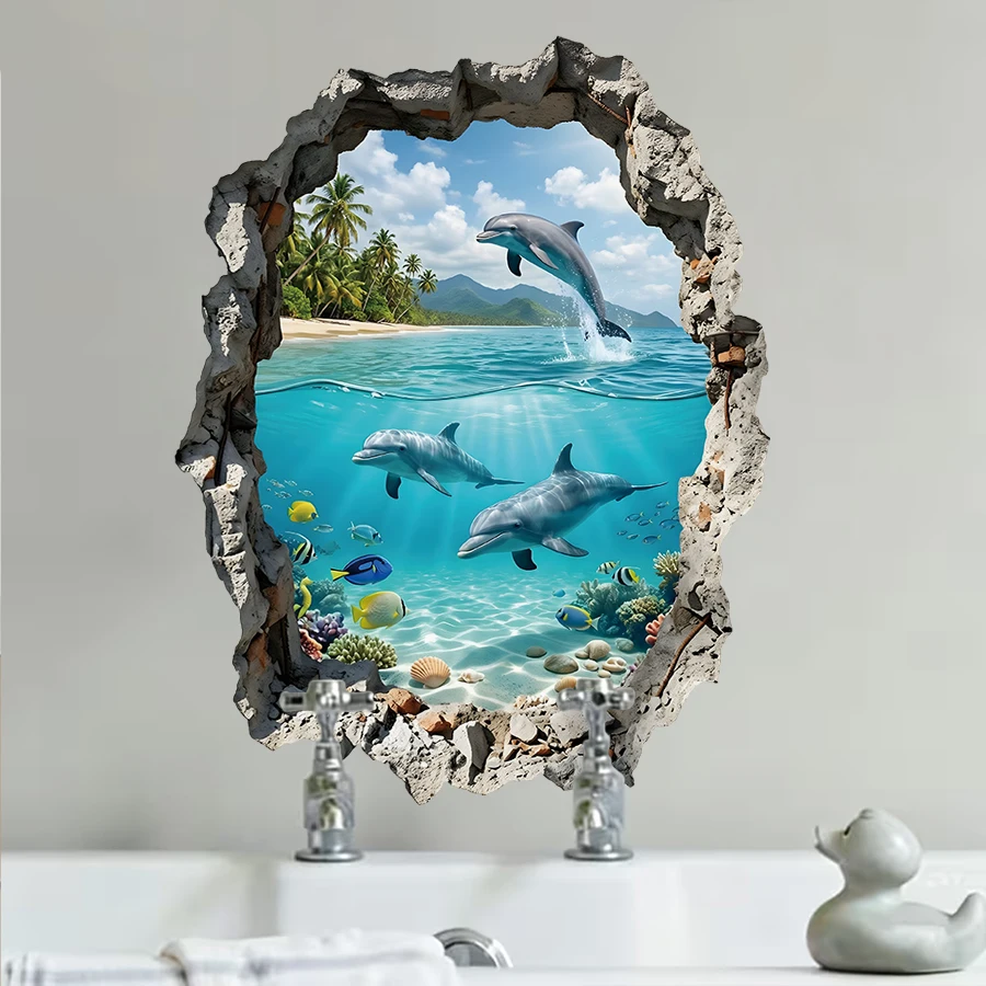 Фото 3D-наклейка на стену «Разбитая стена» с дельфинами и океаном, съемная самоклеящаяся ПВХ-наклейка для ванной, детской комнаты, гостиной, домашнего декора №1