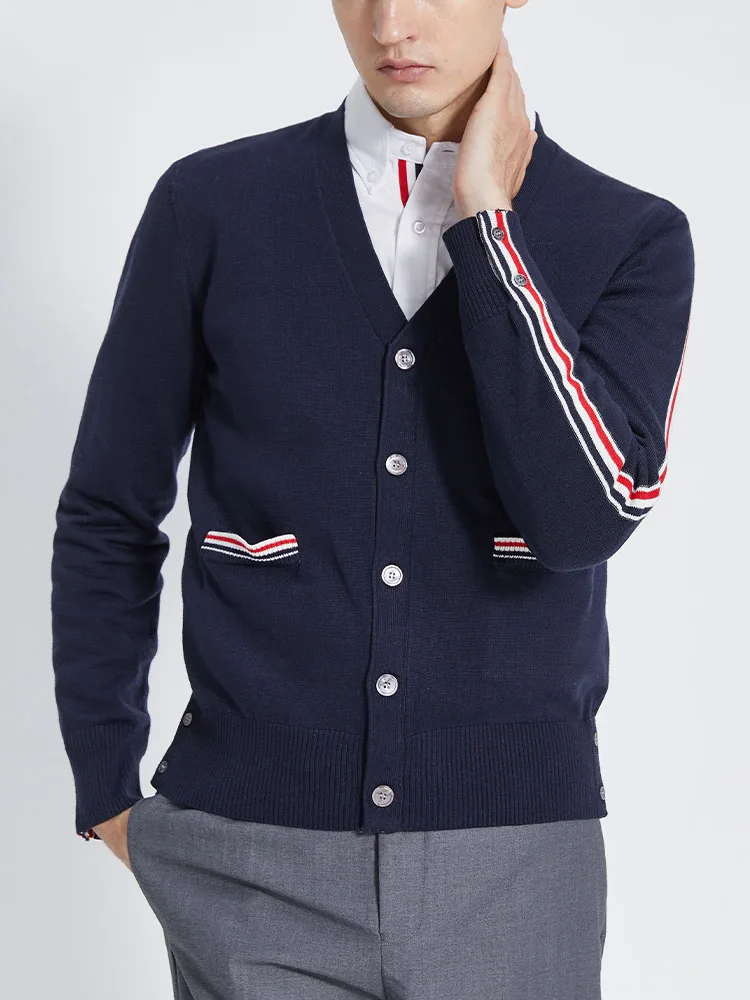 

TB THOM Men's Slim Casual Wool Sweater High Quality Fashion Knitted Striped Sleeve Pocket Sweatshirts V-Neck Women's Cardigan