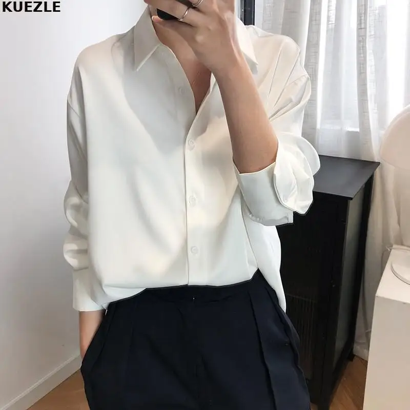 

Dress Shirts White Straight Shirt For Women Lapel Long Sleeve Solid Minimalist Button Through Blouse Female Fashion Clothing New
