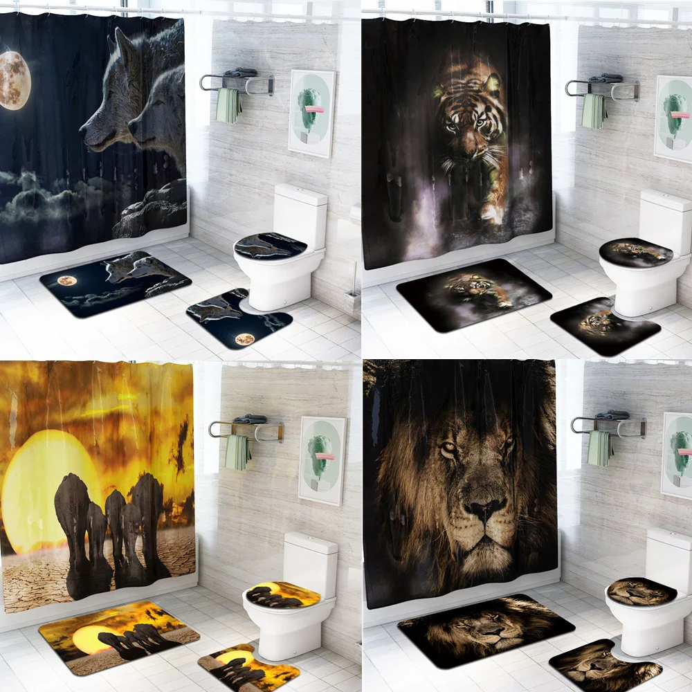 

Lion Tiger Wolf Peacock Print Waterproof Bathroom Shower Curtain Set Non-Slip Bath Mat Rug Sets Toilet Cover Bathroom Decor