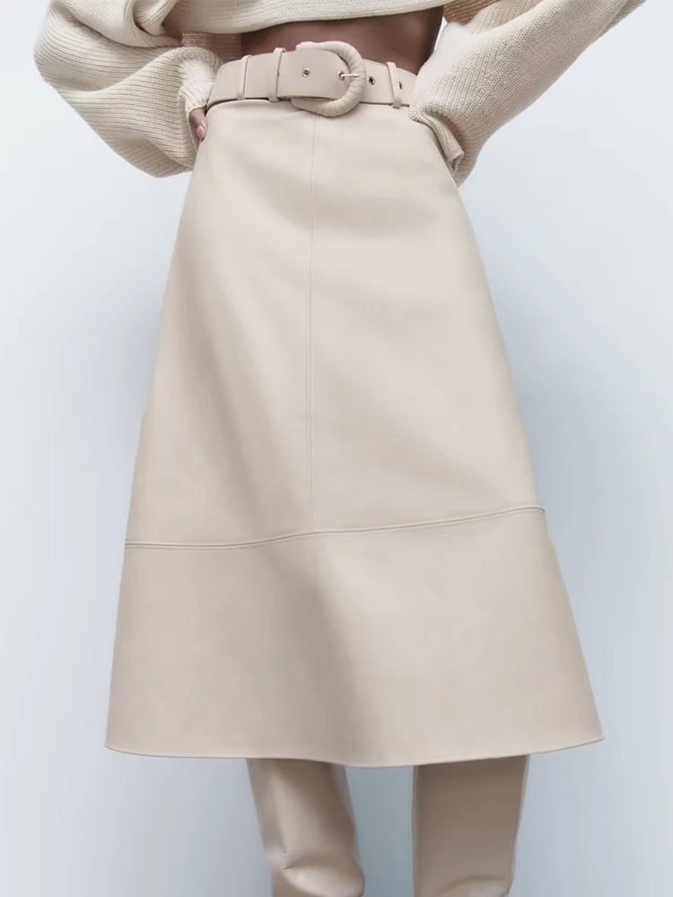 

Юбка-миди женская из экокожи с поясом и высокой талией