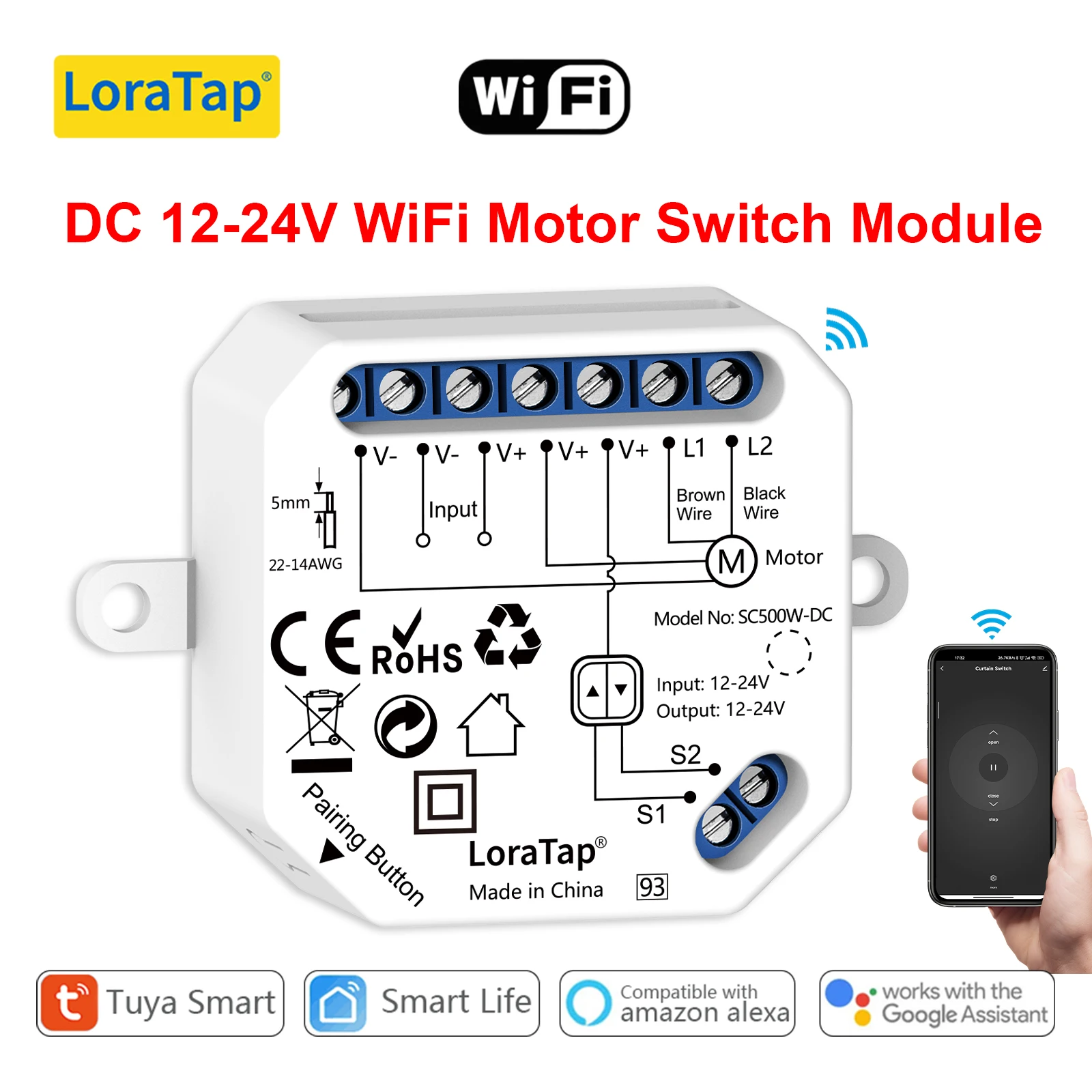 LoraTap Tuya Smart Life DC 12-24V Switch Module for Roller Shutter Pool Cover Electric Motor Voice Control by Google Home Alexa