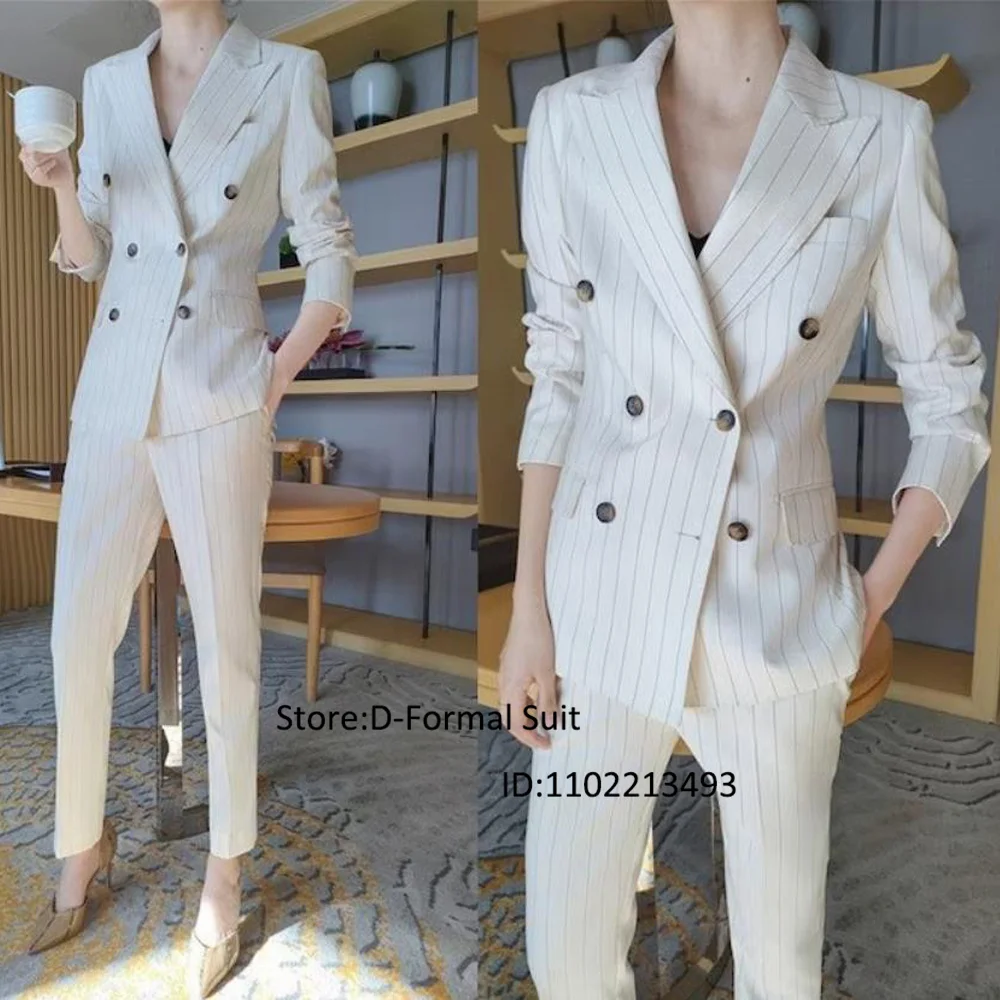 Women's Striped Suit 2-piece Double-breasted Lapel Collar Slim-fit Custom-made Dress Commuter Office Dress Blazer Pants Sets