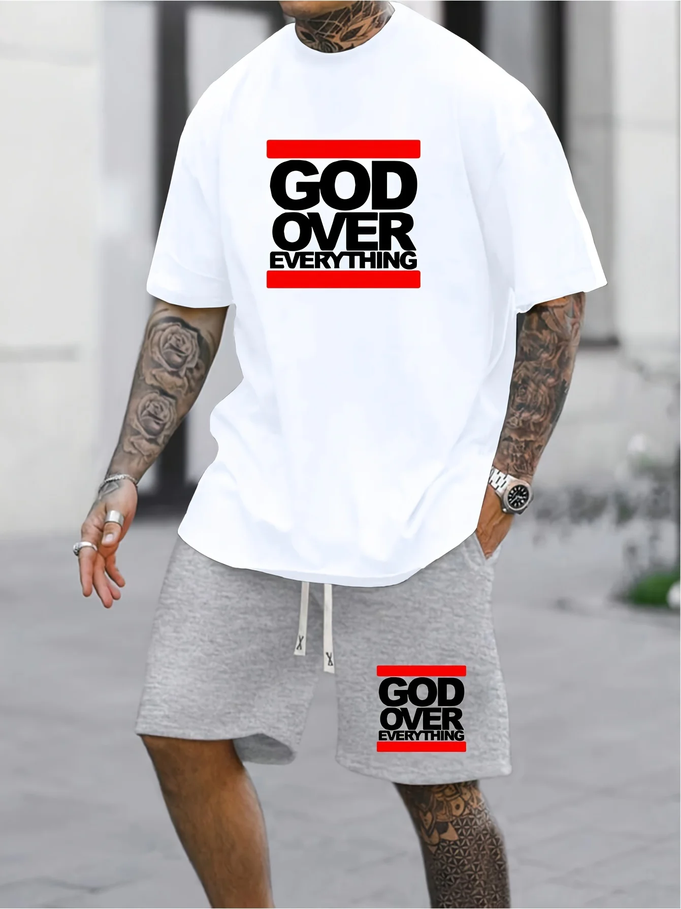 Мужская футболка с коротким рукавом и шорты на шнуровке принтом