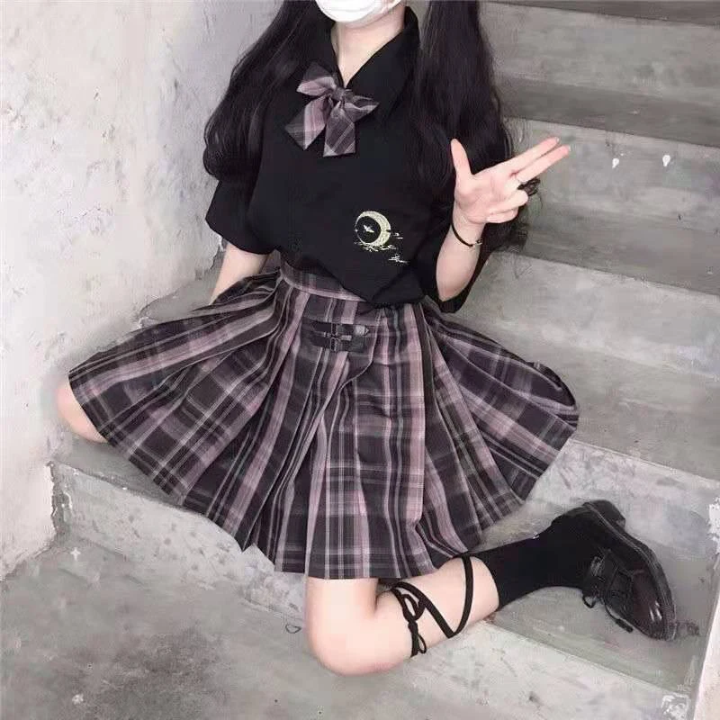 

2022School Girl Uniform Pleated Skirts Japanese School Uniform High Waist A-Line Plaid Skirt Sexy JK Uniforms for Woman Full Set