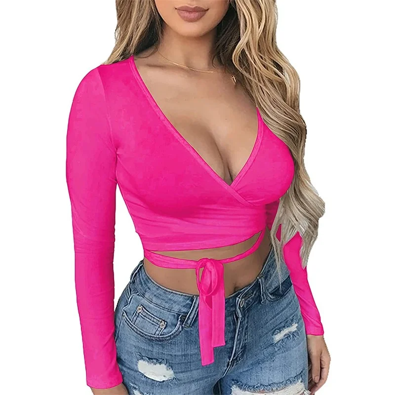 

Женский укороченный топ на шнуровке, неоново-зеленый хлопковый короткий джемпер с длинным рукавом, Однотонная футболка для клувечерние, ...