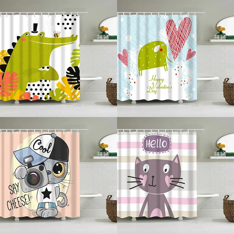 

Cartoon Cute Dinosaur Funny Shower Bathroom Curtain Waterproof Cat Fabric Pastel Toilet Door Curtains Modern Marble Cortina