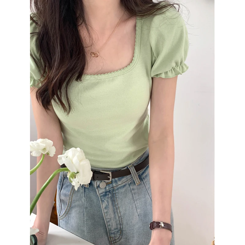 

French style square neck bubble sleeve slim fitting black T-shirt summer 2022 new spice girls short foreign style bottomed top w