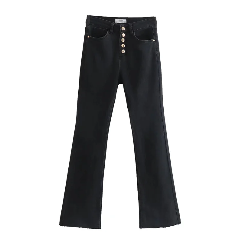 2022 Spring Summer Women's Black Slim Button High Waist Street Flare Skinny Jeans