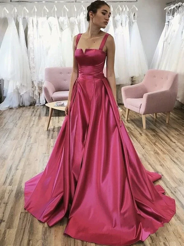 

Chic A-line Straps Fuchsia Long Prom Dresses Satin Evening Dress