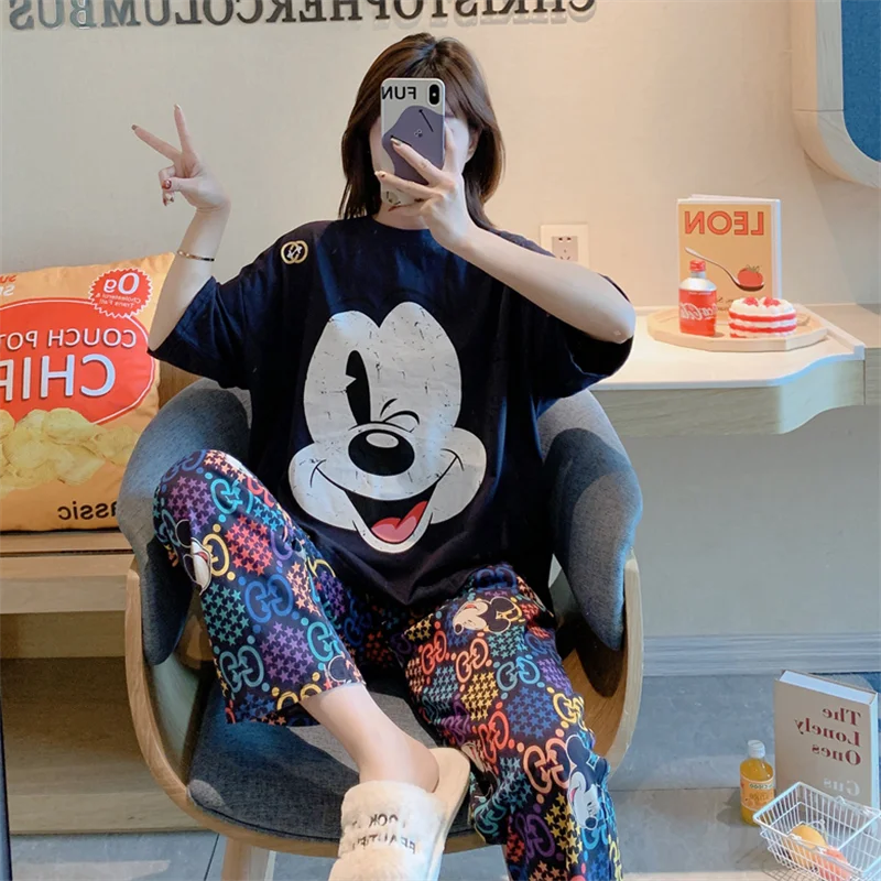 Disney Mickey Mouse 2 Pieces Set Pjamas for Women Summer New Short Sleeve Shirt and Graphics Pant Ladies Soft Night Wear Suit