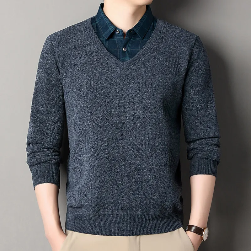 Мужской искусственный свитер из двух предметов вязаный пуловер 2024 зимние теплые