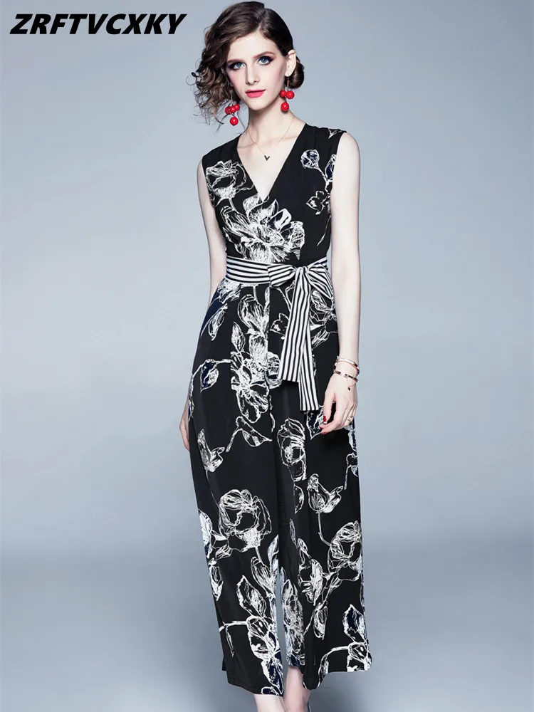 

Runway Fashion Slim Jumpsuits For Women Elegant V-Collar Sleeveless Printing Wide Leg Rompers Ladies Vintage Sportswear