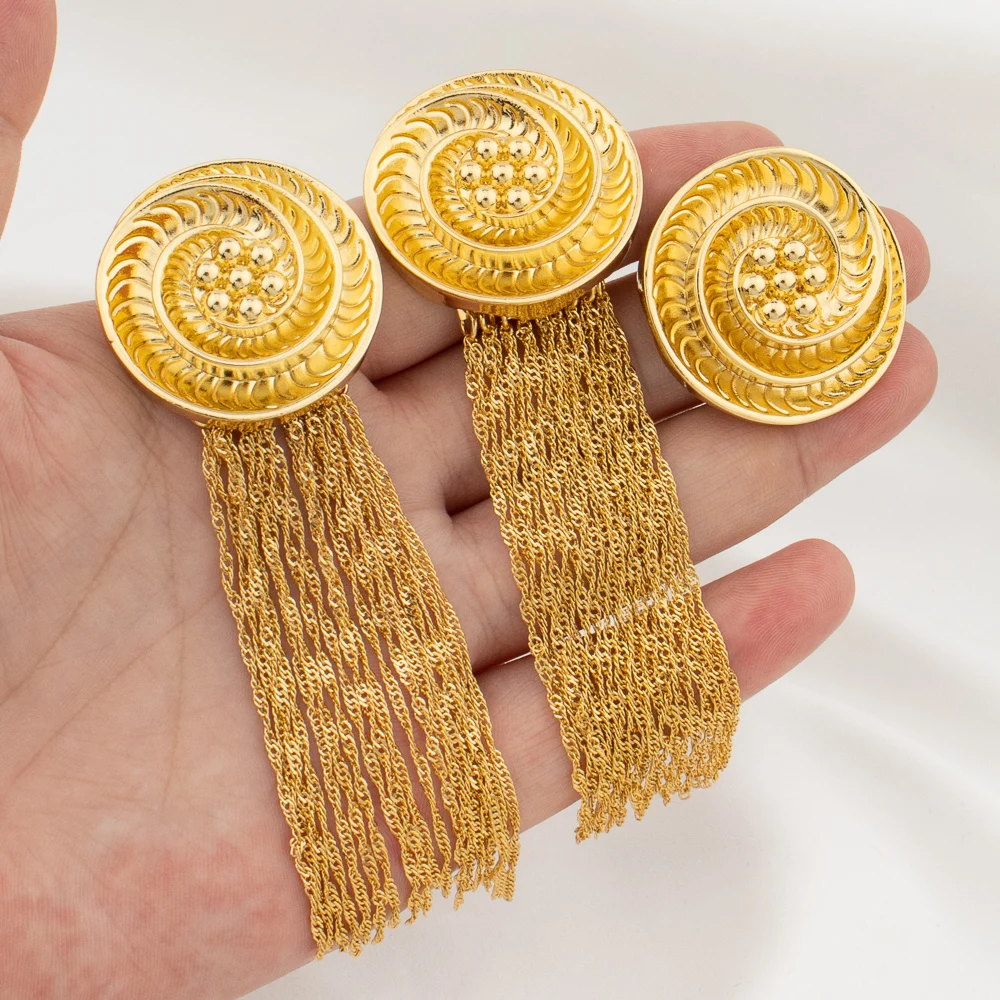 

Gold Color Jewelry Dubai Luxury Long Tassel Earrings with Rings For Women Ethiopia Banquet Wedding Jewellery Gifts Daily Wear