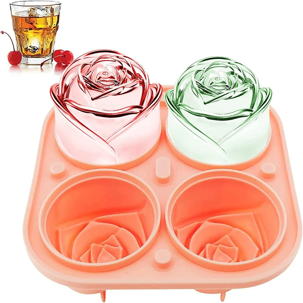 

2.5 Inch Rose Ice Molds 3D Large Ice Cube Trays 4 Giant Cute Flower Shape Ice Silicone Mould For Cocktails Juice Whiskey Freezer